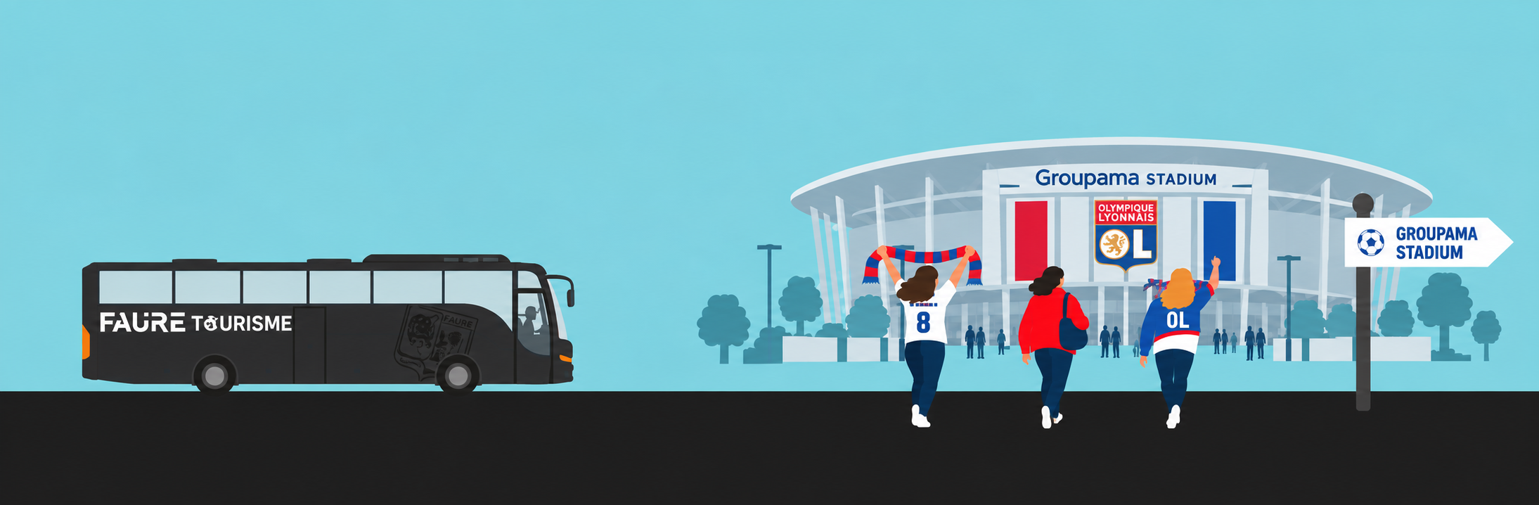 Bannière d'un bus garé devant le stade Groupama Stadium